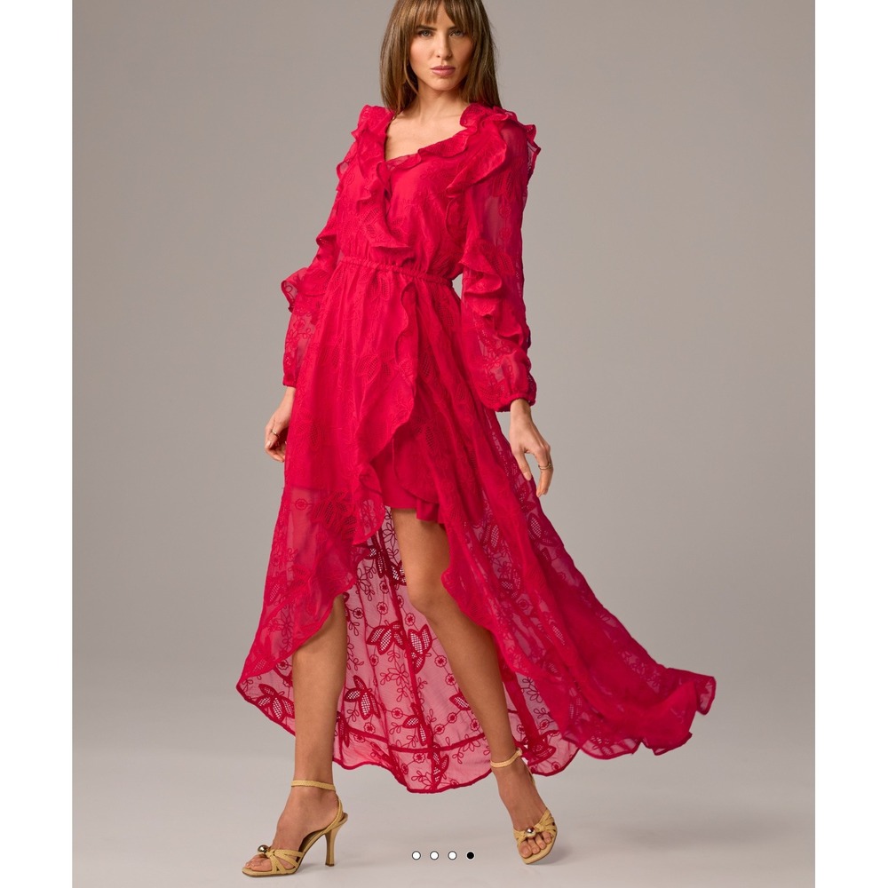 Boston Proper Embroidered Lace High-Low Ruffle Maxi Dress Red Women's S NWT